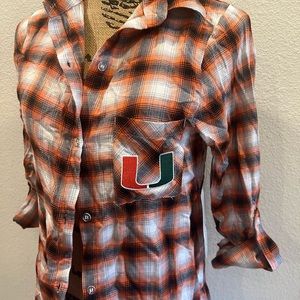 University of Miami button down plaid shirt